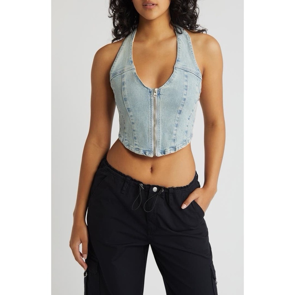 PacSun Light Wash Denim Zip Halter Crop Top